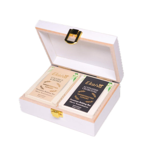 Ekaiva Organics Luxury Gift Box - Classic Collection: Activated Charcoal & Coconut Honey Bathing Bars in an Elegant Engineered Wooden Box