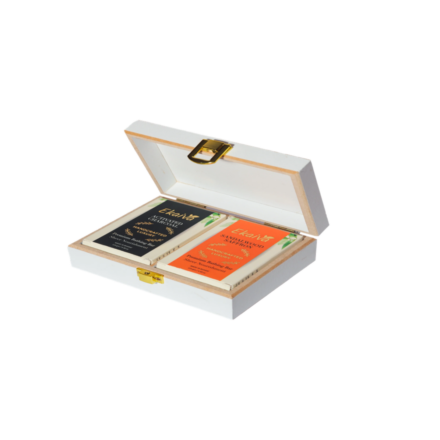 Ekaiva Organics Luxury Gift Box - Classic Collection: Activated Charcoal & Sandalwood Bathing Bars in an Elegant Engineered Wooden Box