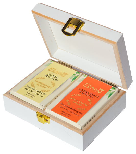 Ekaiva Organics Luxury Gift Box - Deluxe Duo: Jasmine Blossom & Sandalwood Saffron Bathing Bars in an Elegant Engineered Wooden Box