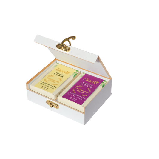 Ekaiva Organics Luxury Gift Box - Deluxe Duo: Jasmine Blossom & English Lavender Bathing Bars in an Elegant Engineered Wooden Box