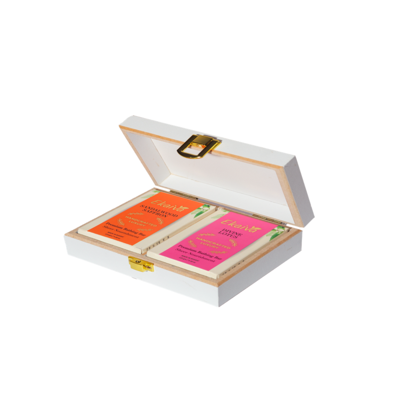 Ekaiva Organics Luxury Gift Box - Classic Collection: Sandalwood Saffron & Divine Lotus Bathing Bars in an Elegant Engineered Wooden Box