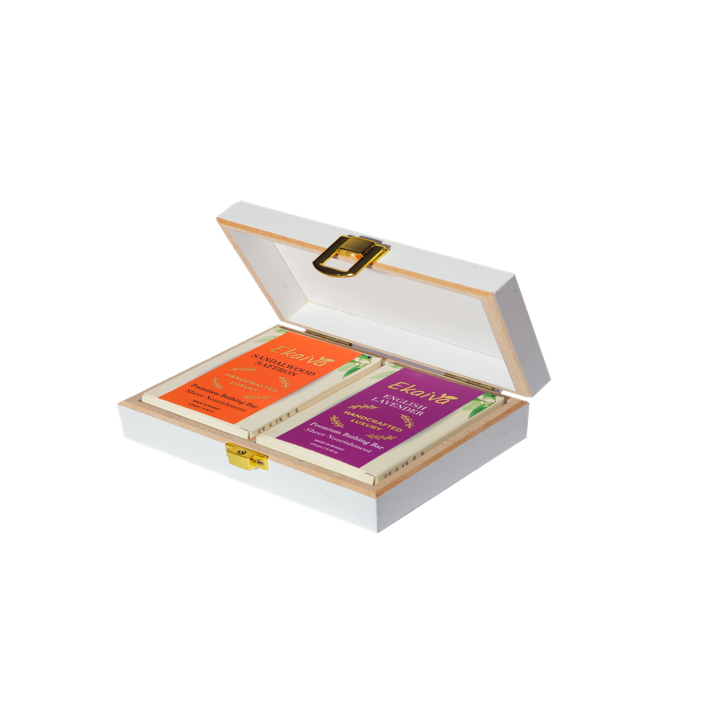 Ekaiva Organics Luxury Gift Box - Classic Collection: Sandalwood Saffron & English Lavender Bathing Bars in an Elegant Engineered Wooden Box