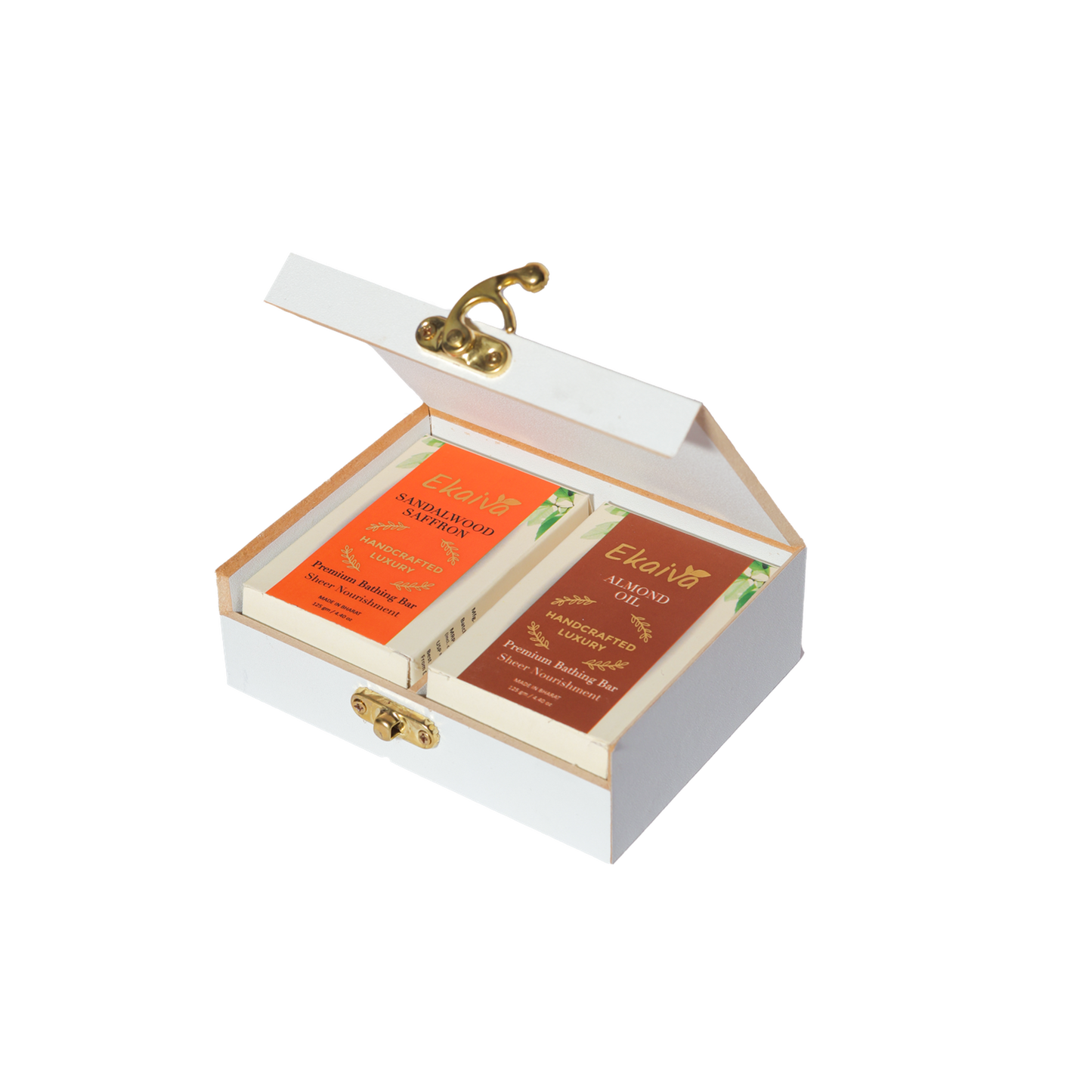 Ekaiva Organics Luxury Gift Box - Deluxe Duo: Sandalwood Saffron & Almond Oil Bathing Bars in an Elegant Engineered Wooden Box