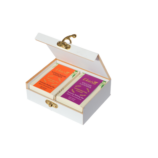 Ekaiva Organics Luxury Gift Box - Deluxe Duo: Sandalwood Saffron & English Lavender Bathing Bars in an Elegant Engineered Wooden Box